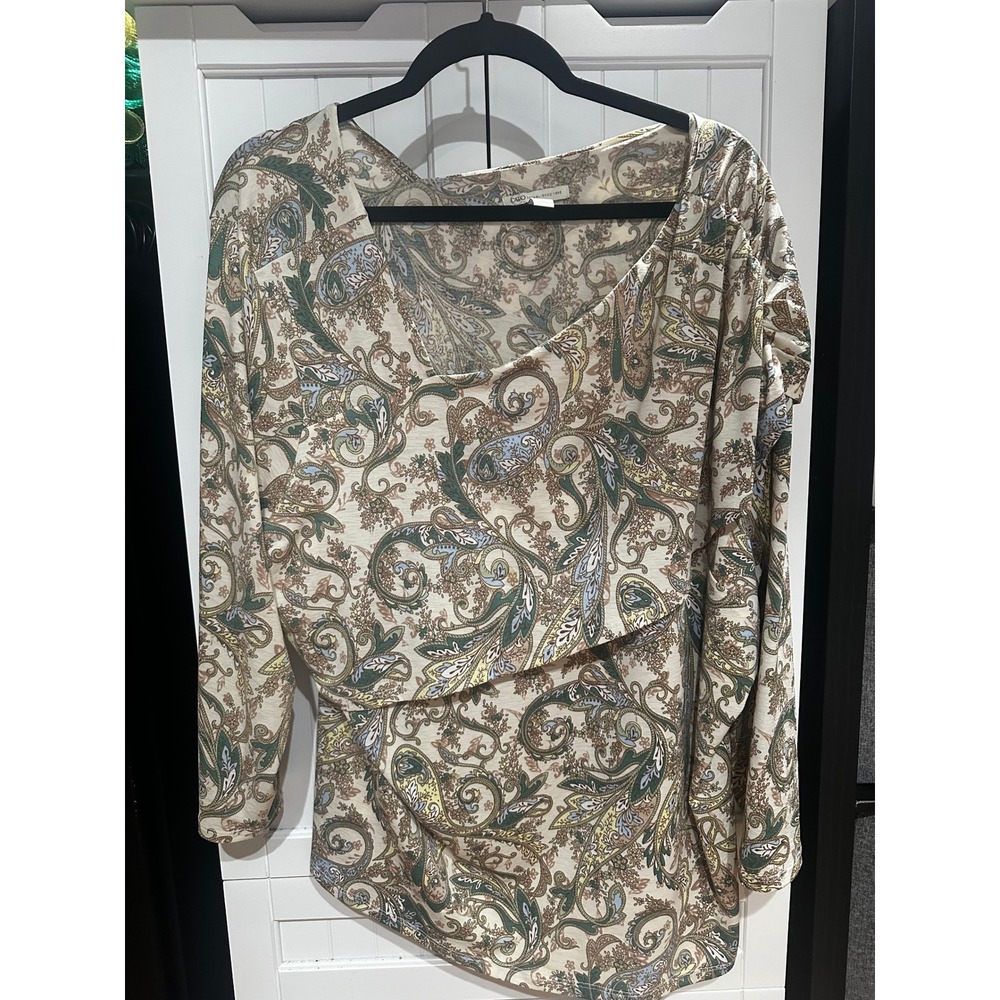 Cato Women 22/24W Paisley Draped Overlay Blouse Long Sleeve Stretch Top
